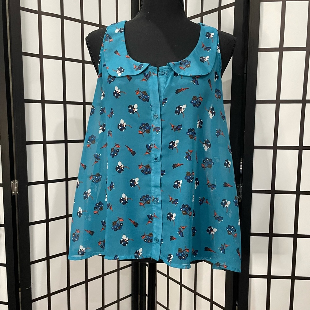 Xhilaration Teal Floral Button-Up Blouse